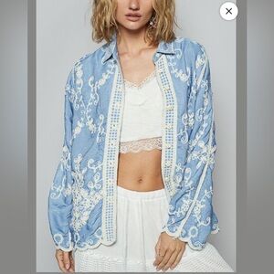 POL Blue Embroidered Button-Up Shirt O/S